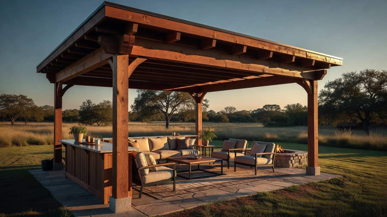 A custom cedar patio cover providing shade over a furnished outdoor living space.