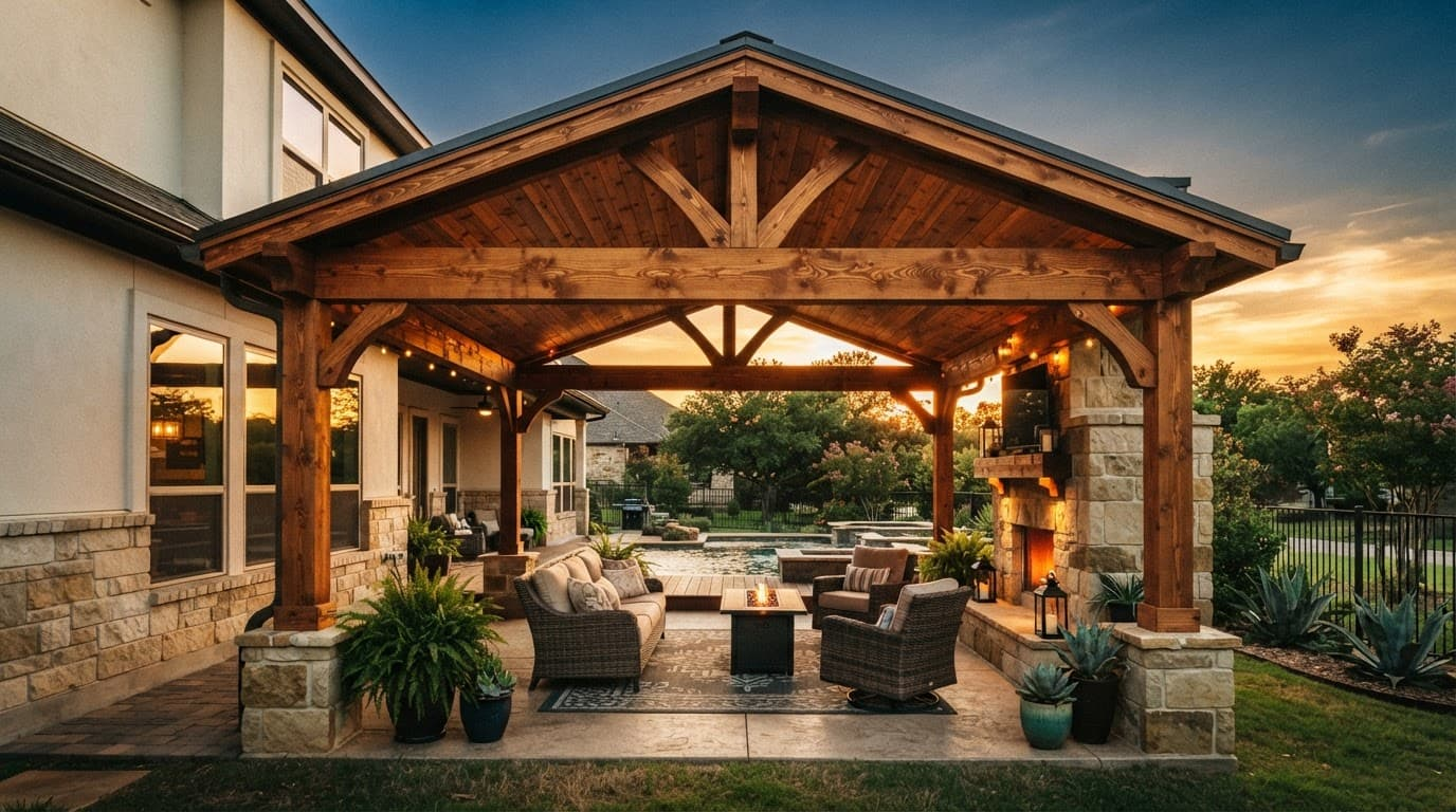 A wooden patio cover attached to a home over a shaded seating area in the yard.