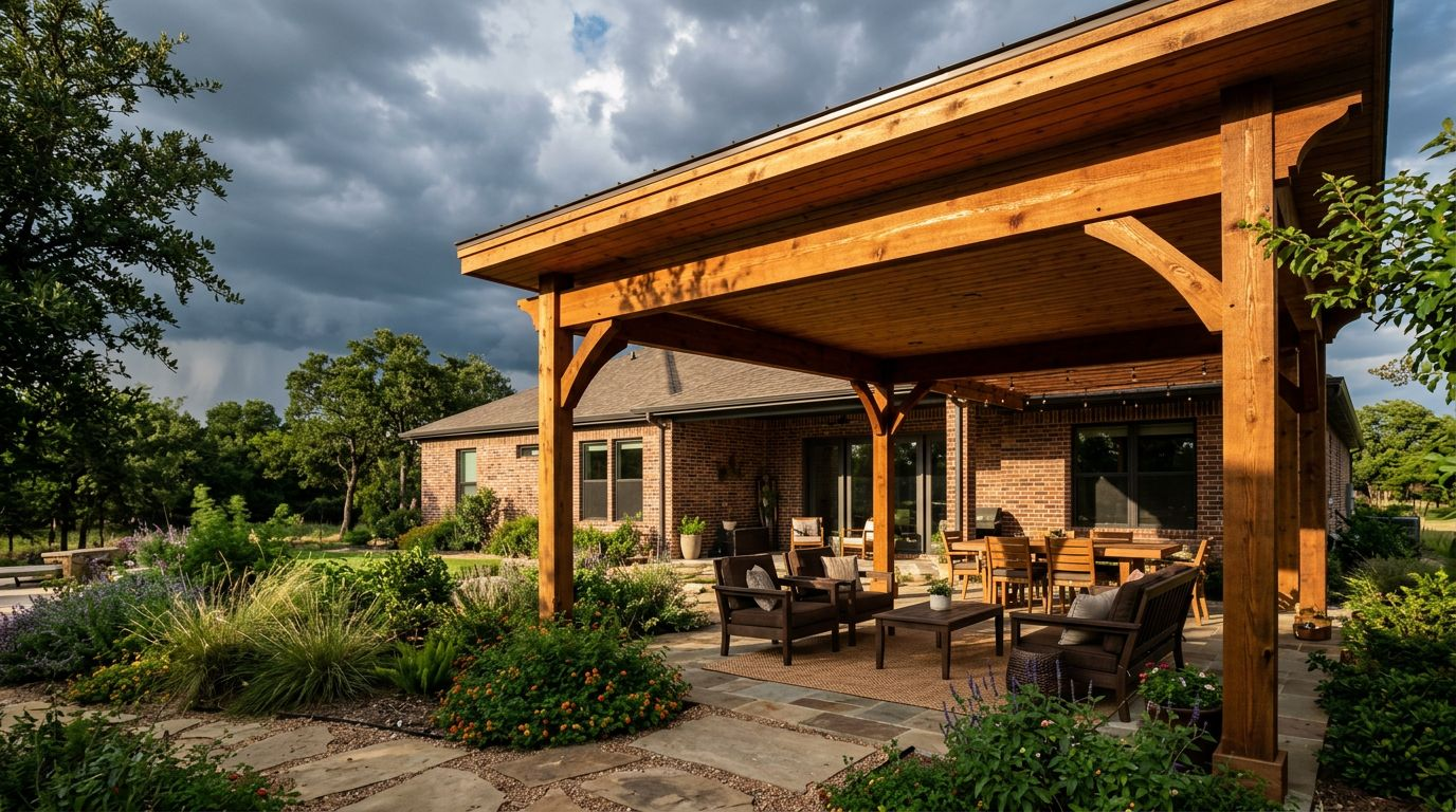 A wooden patio cover extends over a sunny backyard seating area beside a brick home.