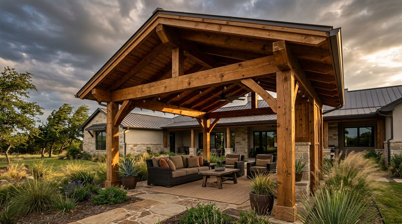A custom cedar patio cover providing shade for an outdoor seating area against a modern home.