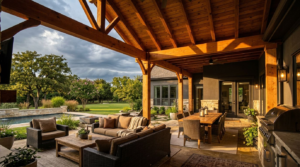 A custom cedar patio cover provides shade for an outdoor seating area against a sunny Texas home.