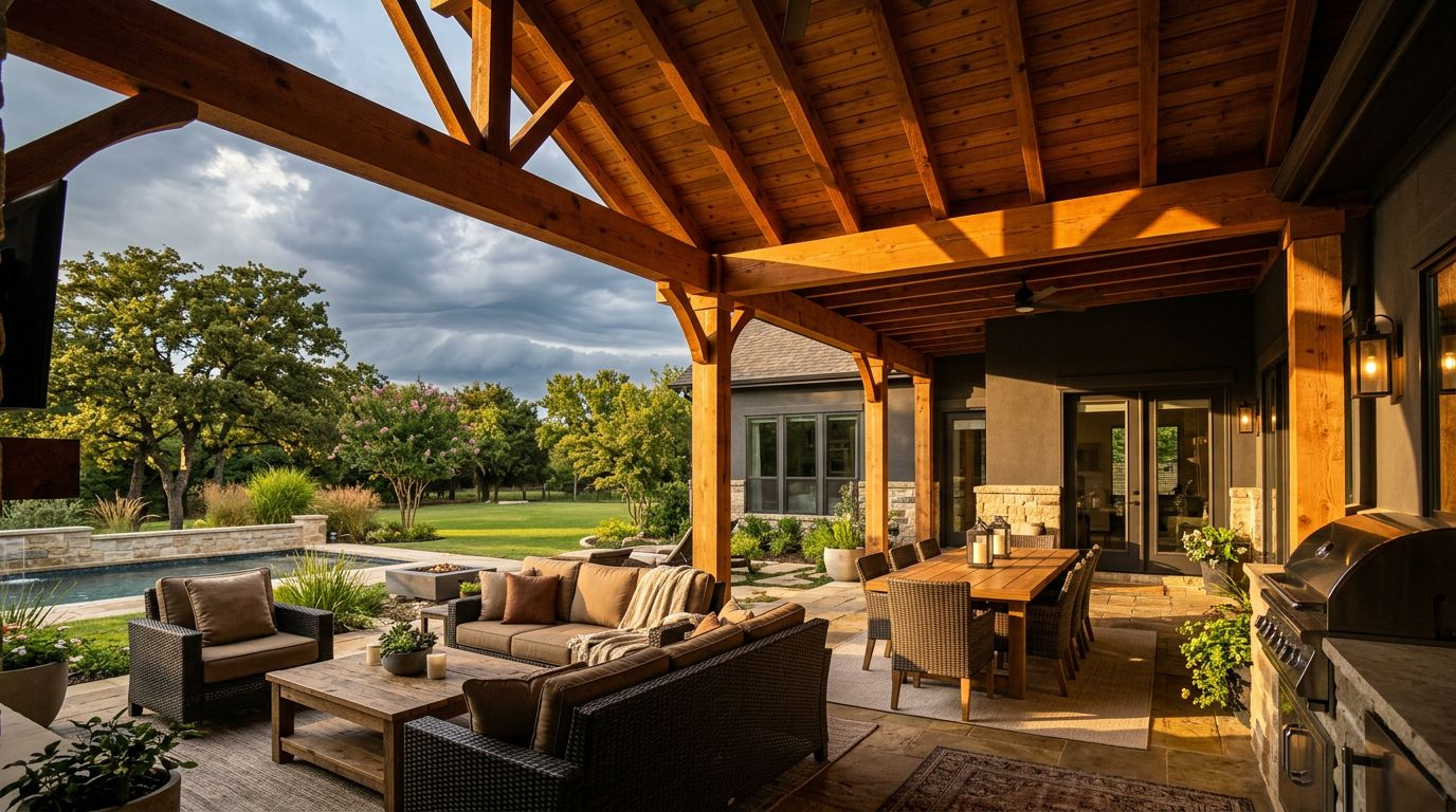 A custom cedar patio cover provides shade for an outdoor seating area against a sunny Texas home.