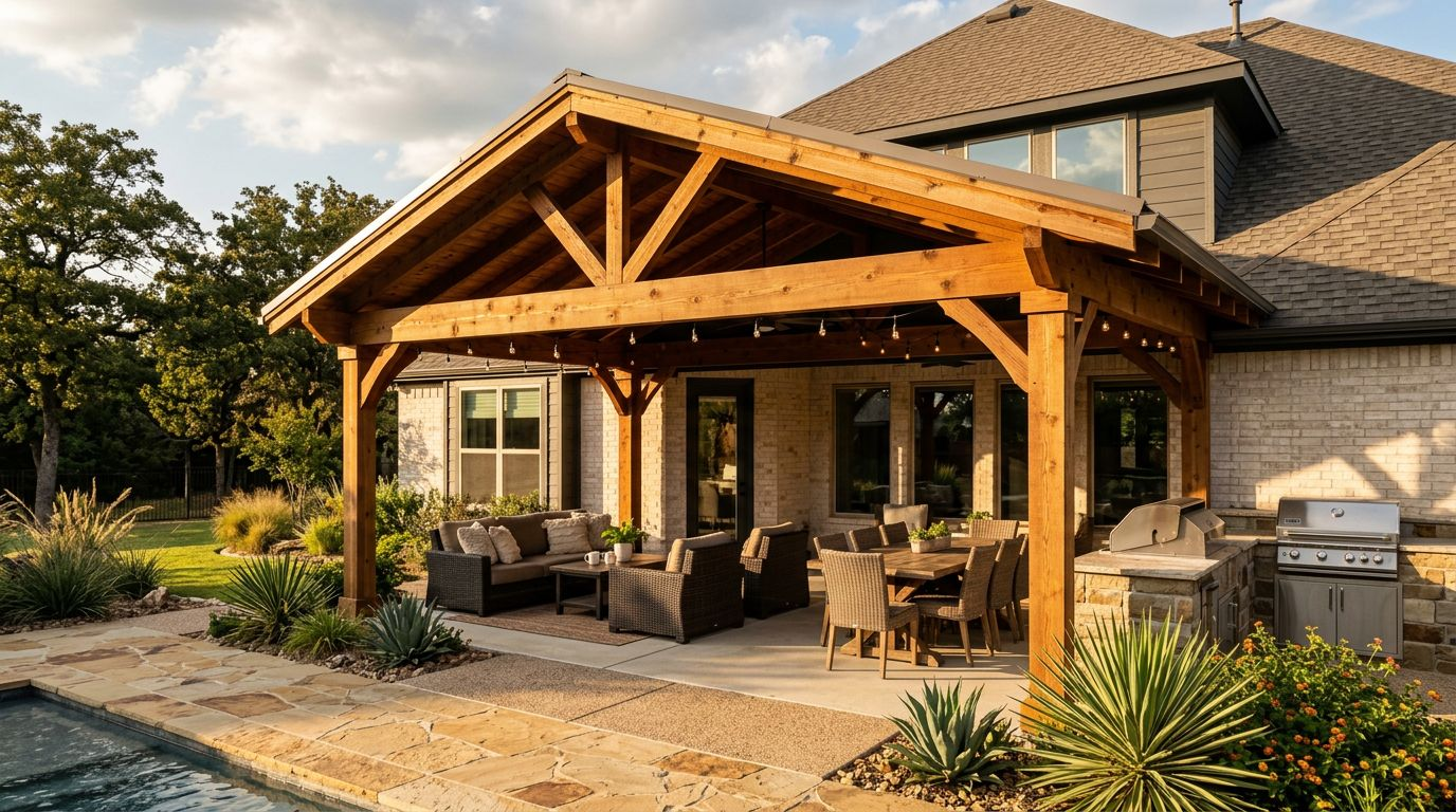 A custom cedar patio cover with dining furniture and a grill in a Texas backyard.