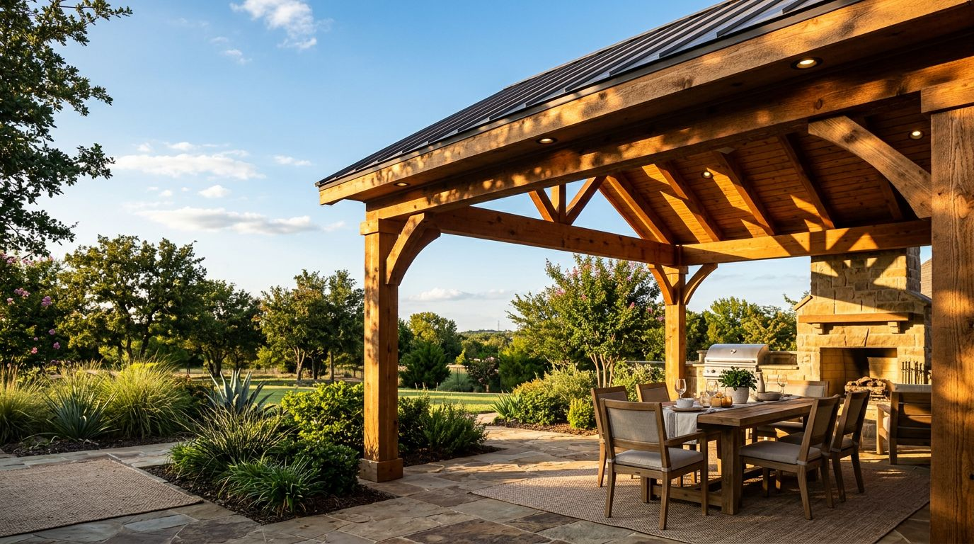 A wooden patio cover with dining furniture in a sunny backyard.