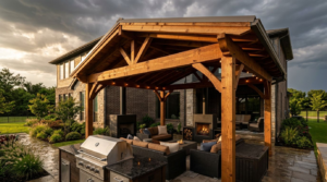 A custom cedar patio cover providing shade over an outdoor seating area and fireplace.