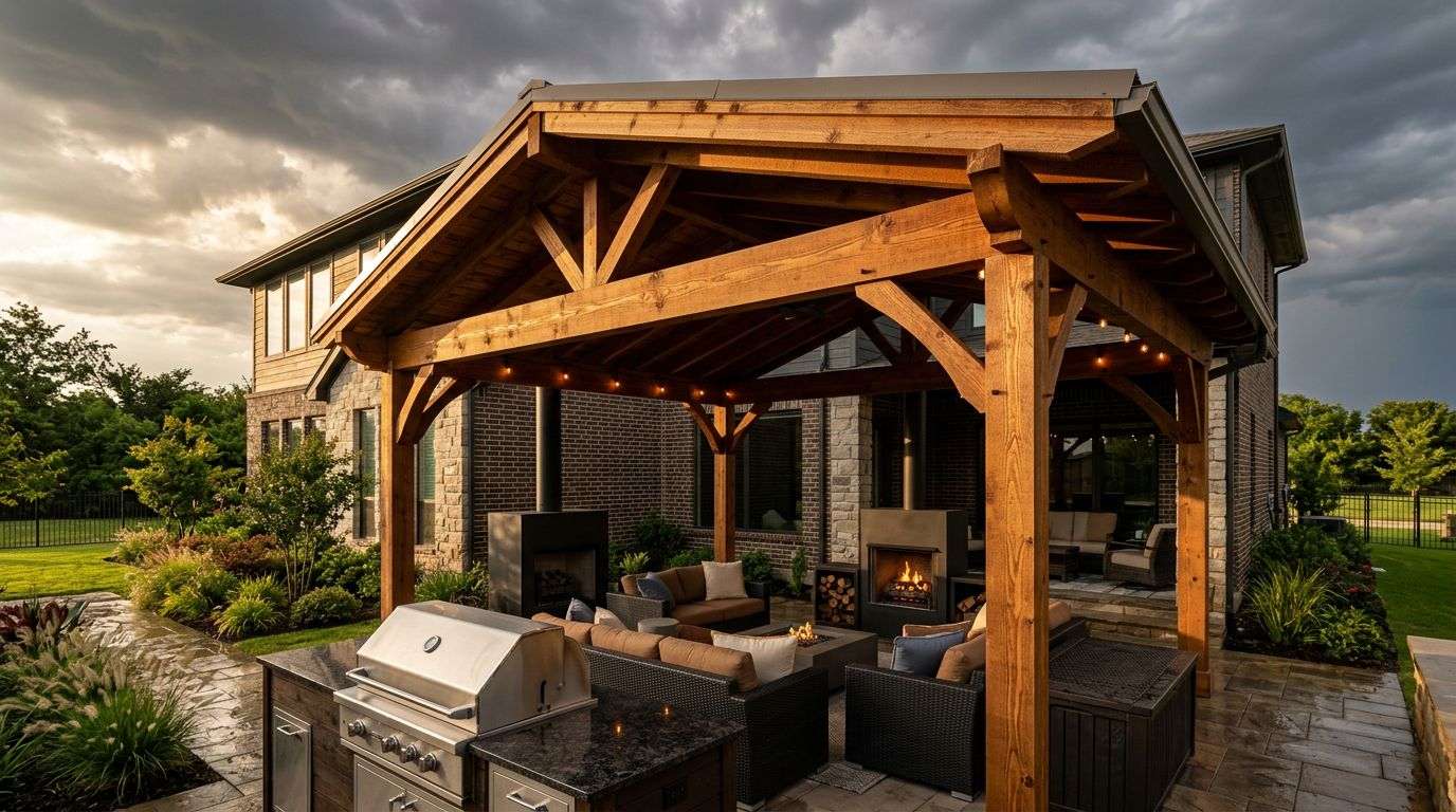 A custom cedar patio cover providing shade over an outdoor seating area and fireplace.