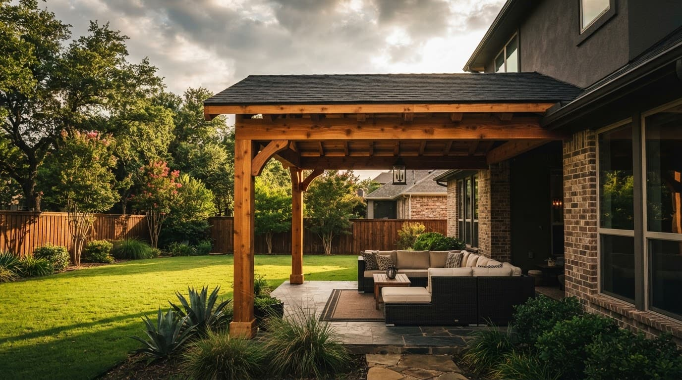Cedar patio cover attached to a modern home beside a green lawn.