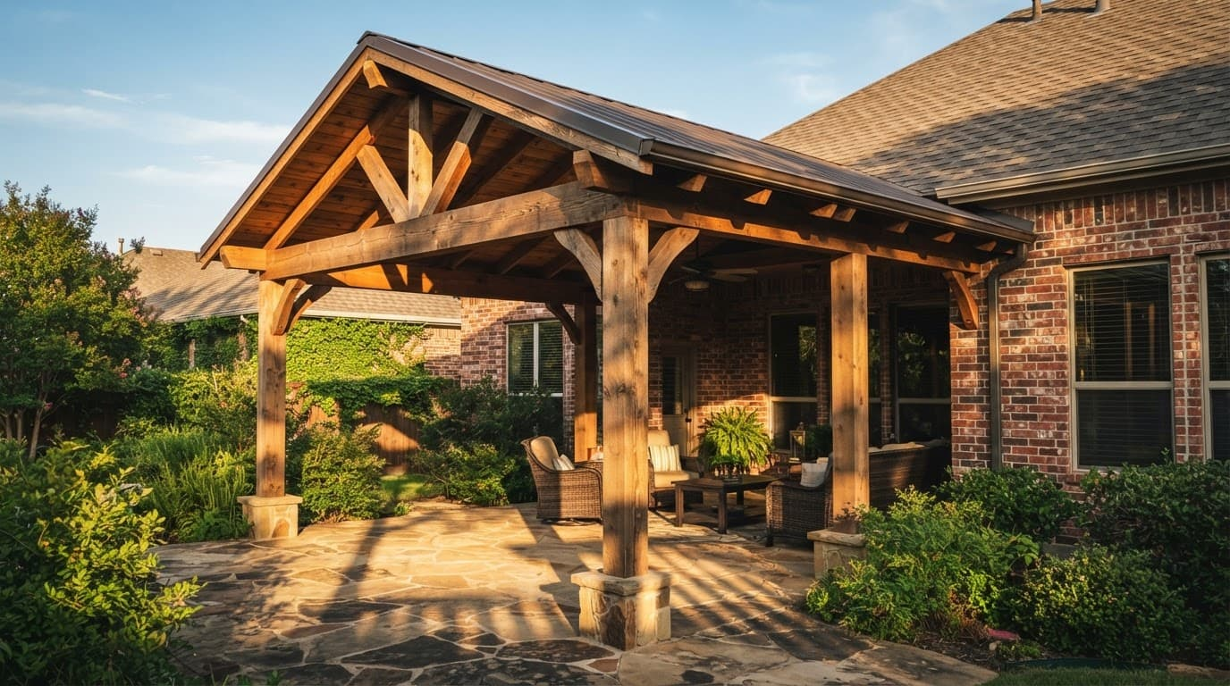 Sloped cedar patio cover attached to a brick home over a stone patio.
