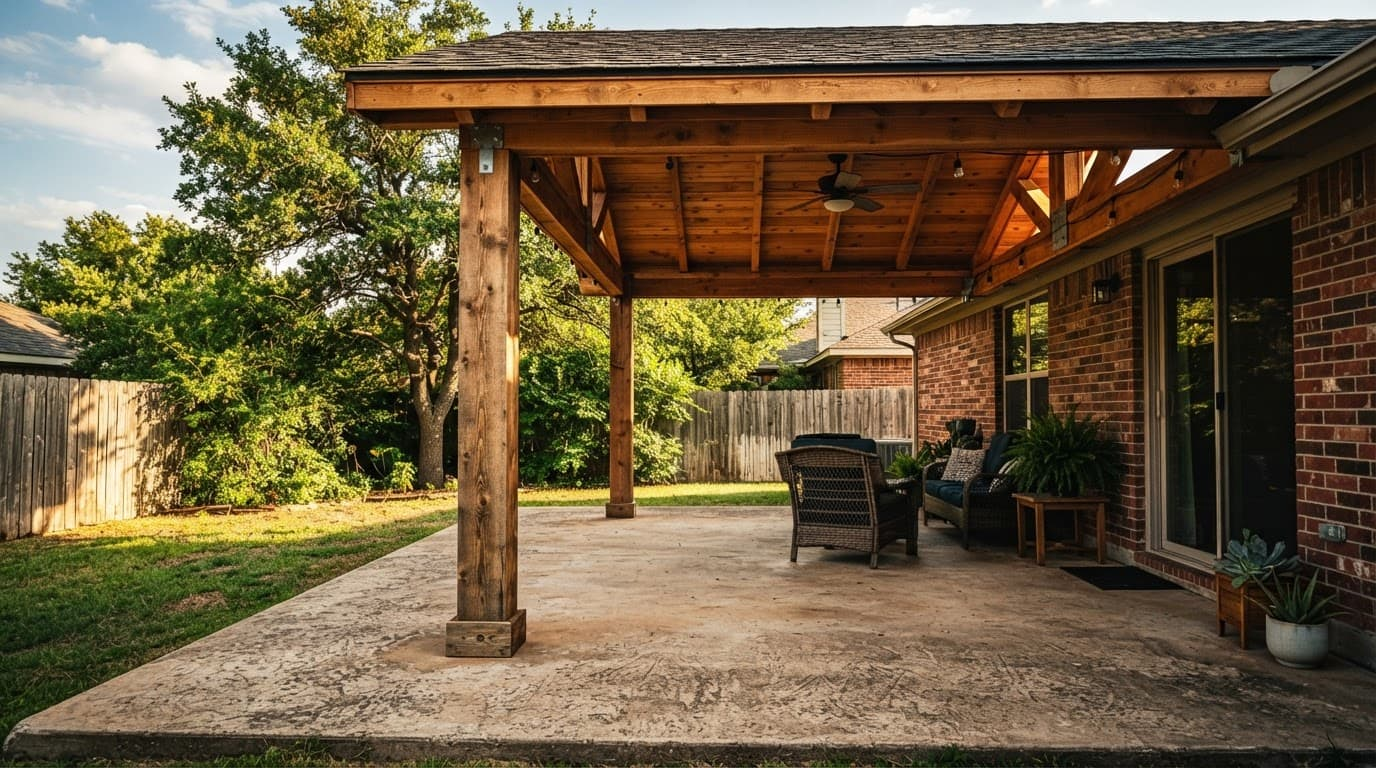 Cedar patio cover built over a concrete slab in a sunny backyard.