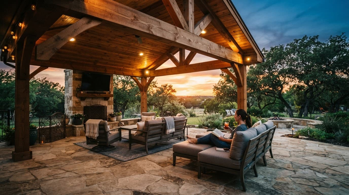 A cedar patio cover shelters a stone patio beside a Texas home with one person relaxing nearby.