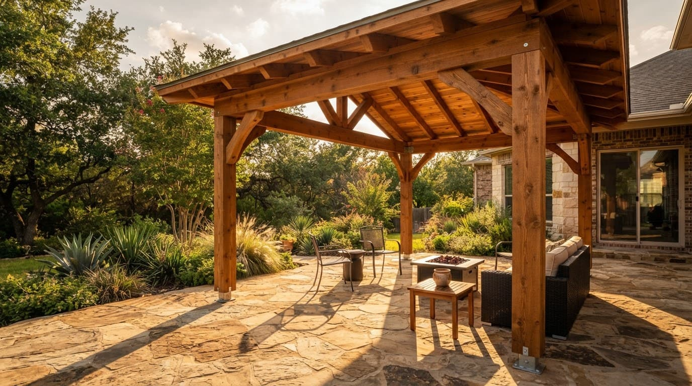 Cedar patio cover casting shadows over a stone backyard patio.