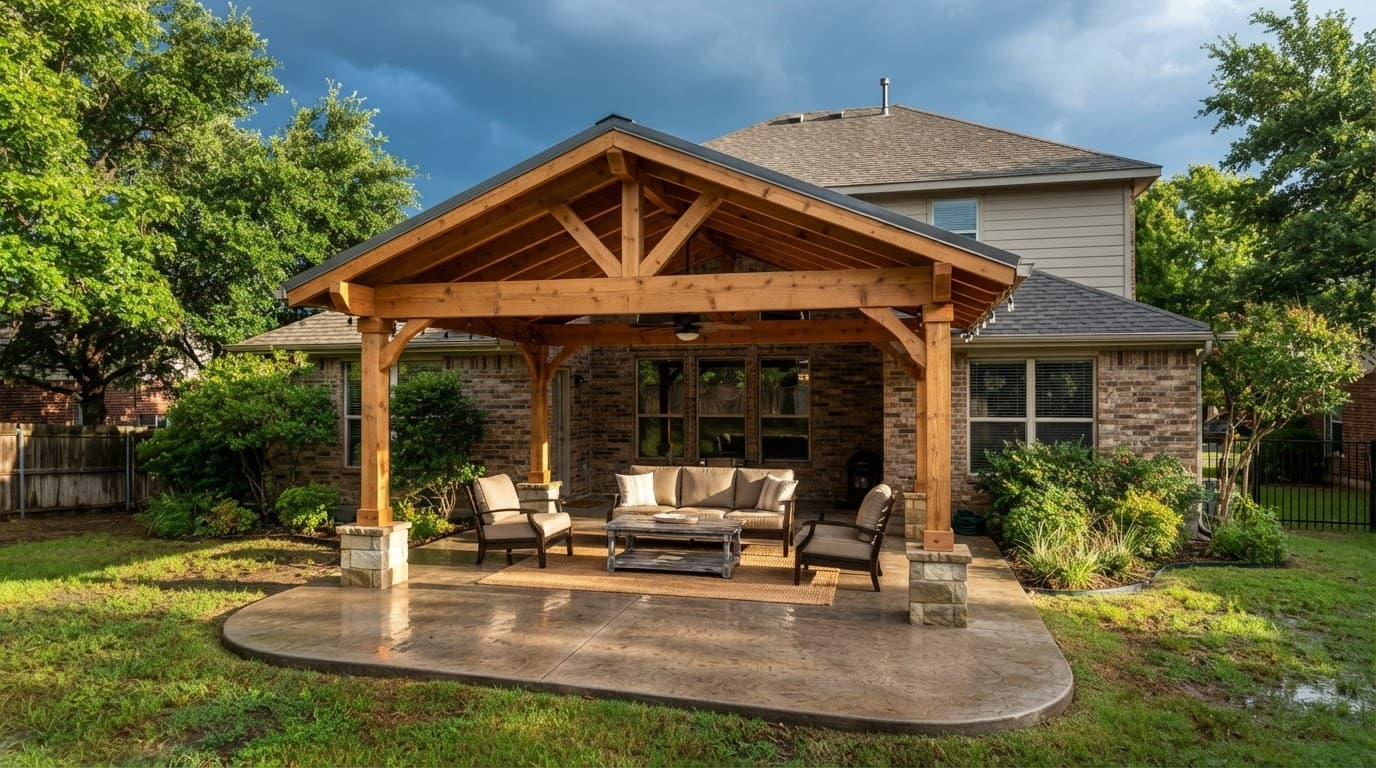 Cedar shade structure protecting an empty concrete seating area beside a suburban home.