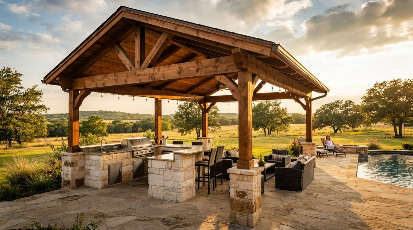 Cedar patio cover and stone outdoor kitchen in a sunny backyard with one person relaxing nearby.