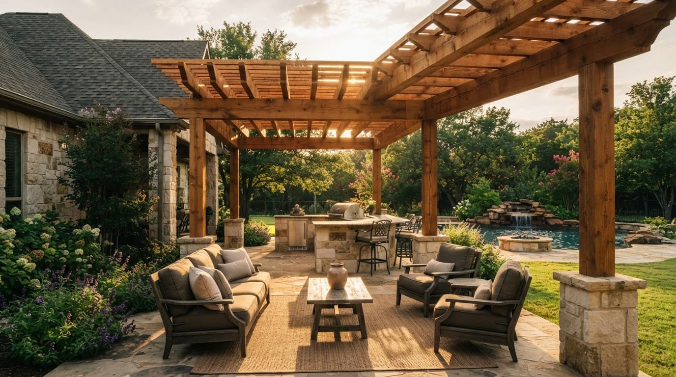 Cedar pergola with stone columns and cushioned patio seating in afternoon light.