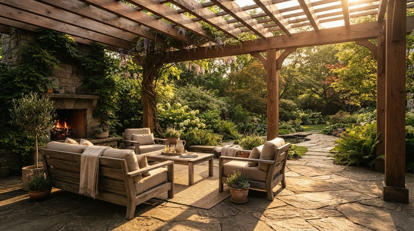 Cedar pergola shading comfortable seating on a stone patio in warm afternoon light.