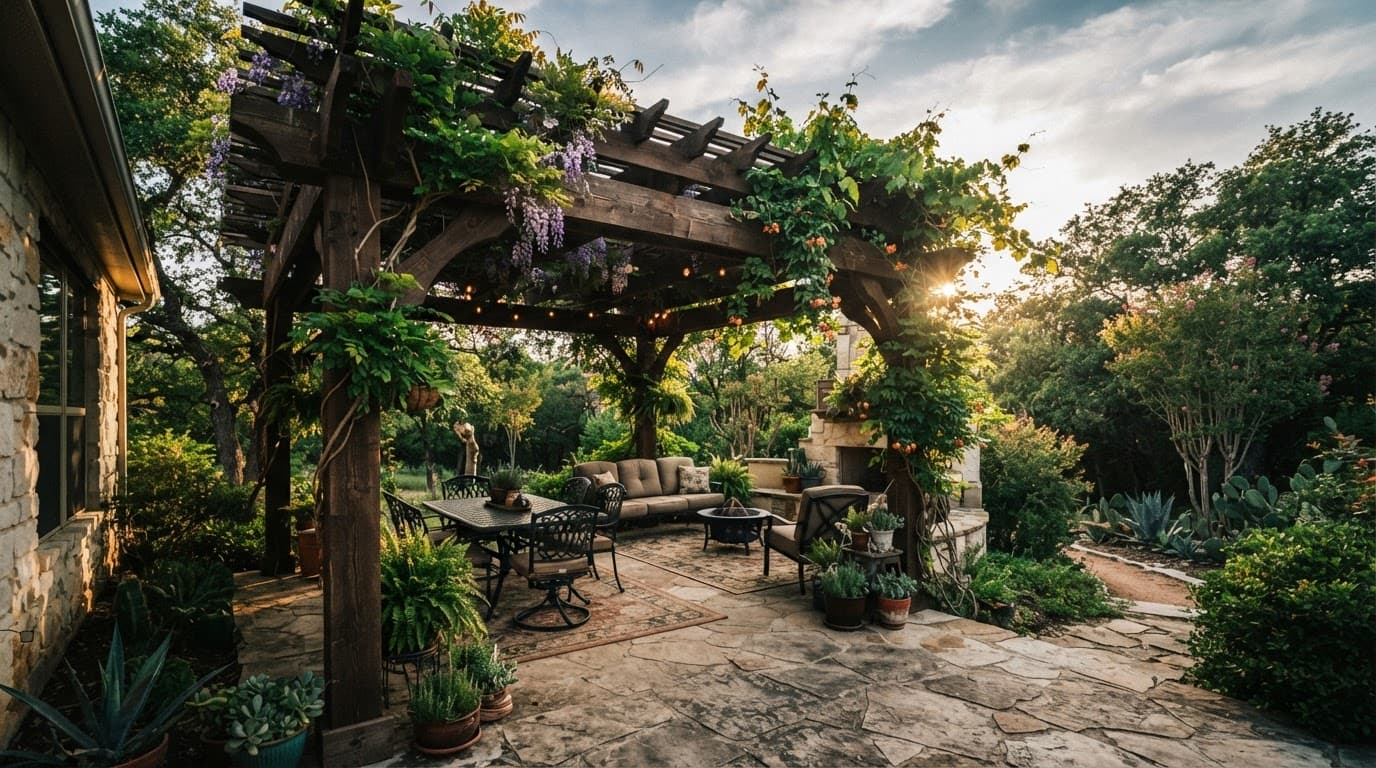 Cedar pergola covering a stone patio with climbing plants in a sunny backyard.