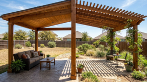 A cedar patio cover and open pergola provide different levels of shade in a Texas backyard.