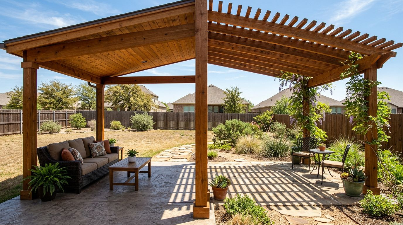 A cedar patio cover and open pergola provide different levels of shade in a Texas backyard.