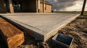 A cracked concrete patio with a cedar post footing and storm clouds overhead.