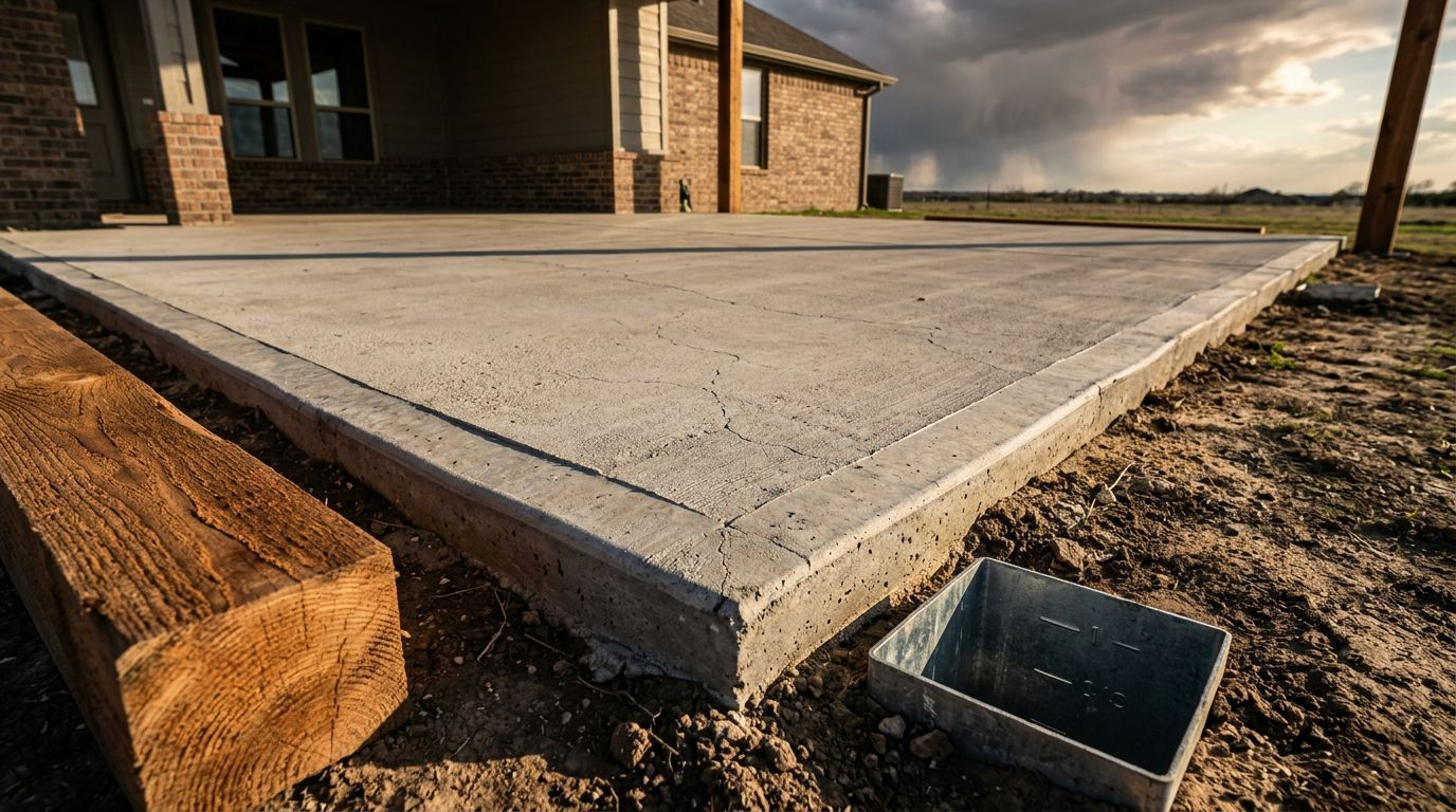 A cracked concrete patio with a cedar post footing and storm clouds overhead.