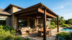 Cedar patio cover with seating and a dining table beside a modern home.