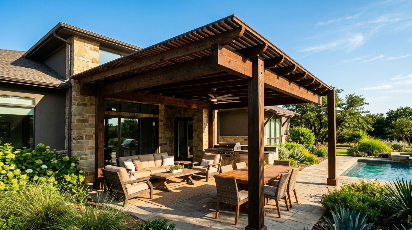 Cedar patio cover with seating and a dining table beside a modern home.