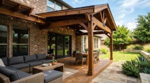 Cedar patio cover with outdoor seating and dining area beside a brick home.