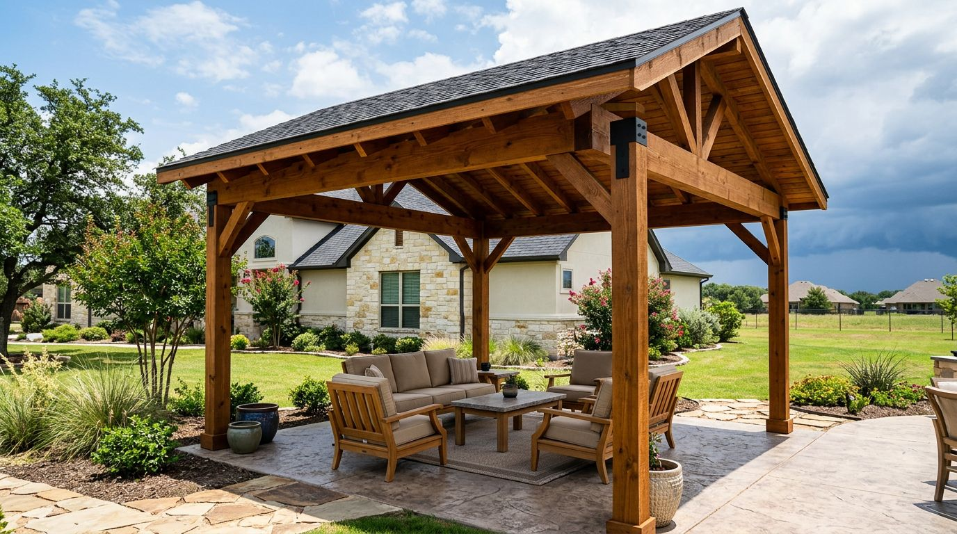 Cedar patio cover shading outdoor furniture in a landscaped North Texas backyard.