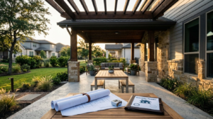 Covered patio with plans, a measuring tape, and a permit folder on a table.