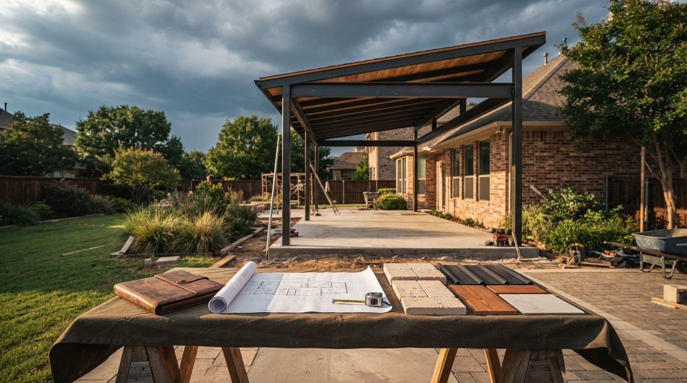 A patio frame stands beside plans, measuring tools, and materials in a sunny suburban backyard.