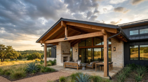 Modern home with a gently sloped patio roof and shaded outdoor living area.