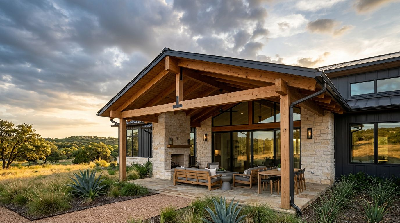 Modern home with a gently sloped patio roof and shaded outdoor living area.