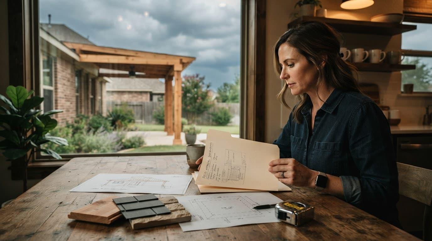 Homeowner reviews patio plans and material swatches beside a tape measure at a kitchen table.
